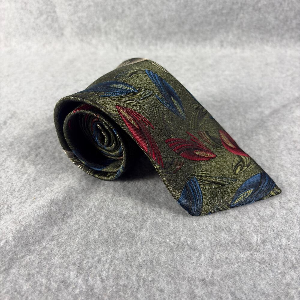 Vintage Etienne Aigner Silk Necktie Green Men's Designer Floral Classic Feathers